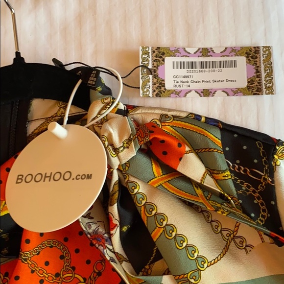 Tie Neck Chain Print Skater Dress - Rust - Picture 3 of 3